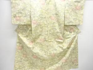 アンティーク　流水に草花模様織り出し手織り紬単衣着物